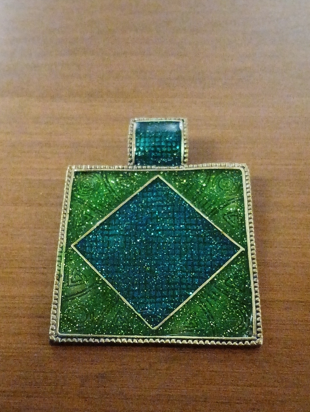 Unique Vintage Green and Blue Sparkly Enamel Square Pendant  2"